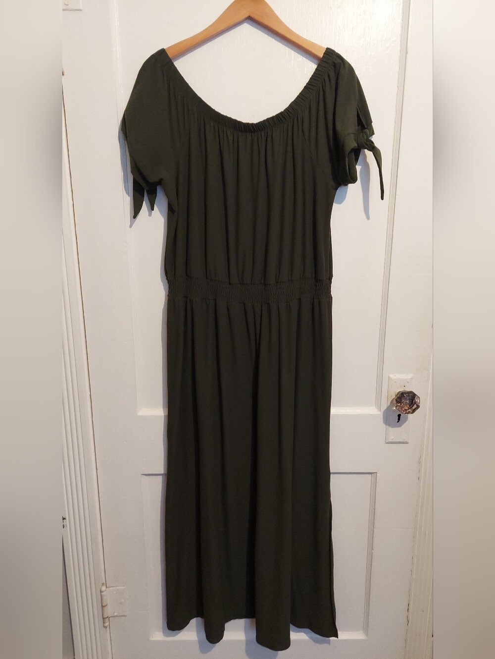 Derek Heart Midi Dress Womens 1X Plus Olive Green Off the Shoulders Soft Knit